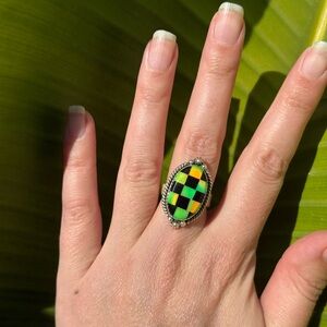 Checkered Green Opal and Black Onyx Inlay Statement Ring